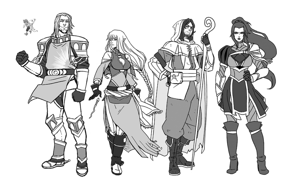 Art of five character concepts for a fantasy genre comic.